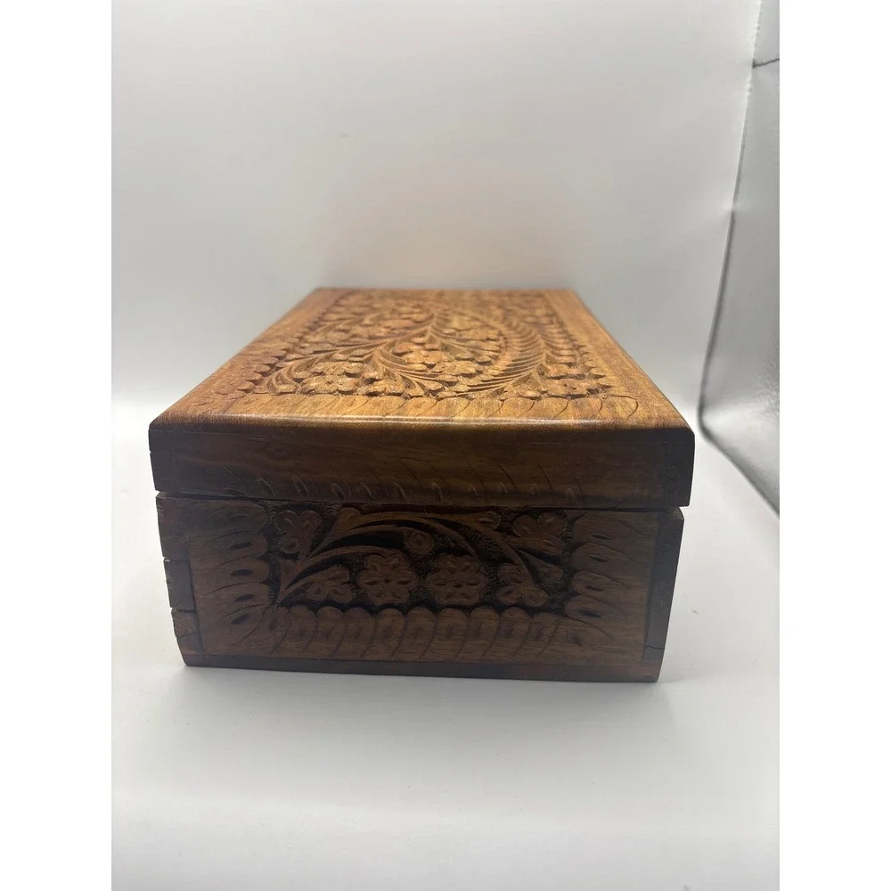 Hand Carved Floral Wooden Jewelry Box Red Velvet Lining Vintage Boho Keepsake